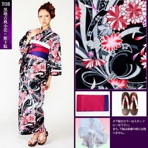 愛姫☆乙女心古典浴衣4点セットT0B(黒地古典小花×紫下駄)